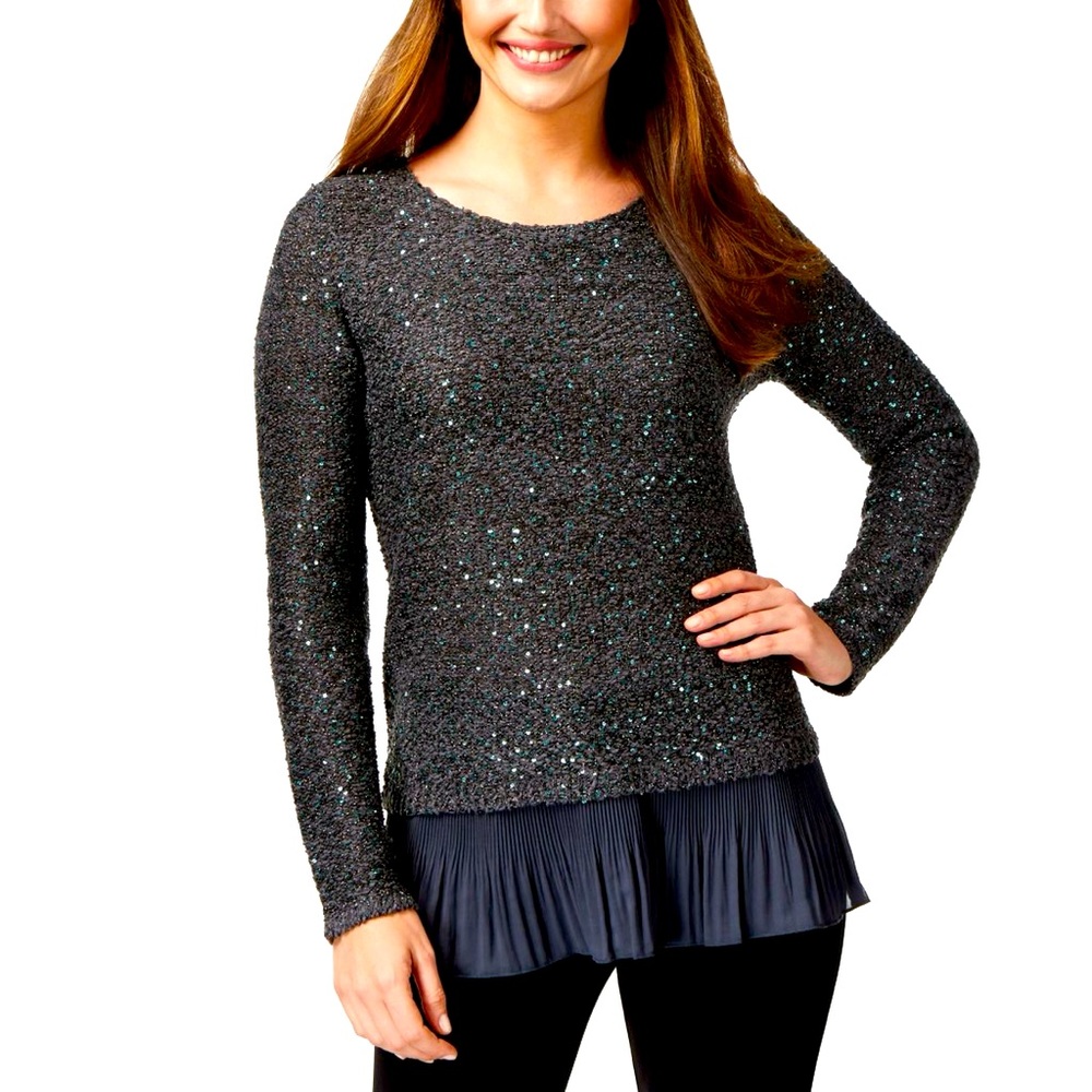 ALFANI Women's Chiffon-hem Sequin Knit Crewneck Sweater Top Size Large